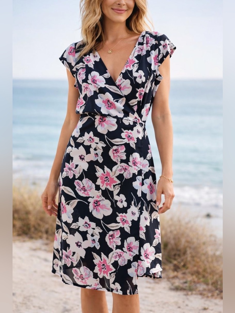 Banana Republic Petite Floral Wrap Dress Navy Pink White Size 4P Knee Length